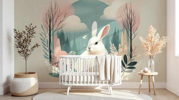 Chambre d'enfant avec papier peint panoramique animaux de la forêt, esprit scandinave