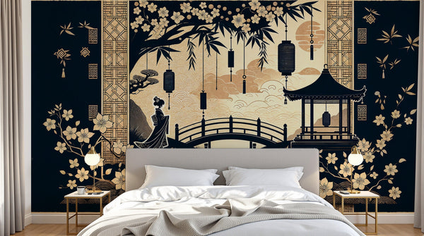 Chambre avec papier peint panoramique bambou en tête de lit, esprit japandi