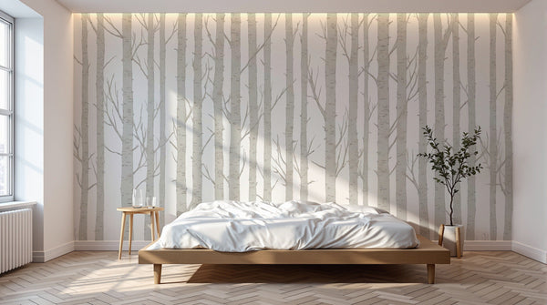 Chambre avec papier peint panoramique forêt de bouleaux posé sur toute la largeur du mur, design A0083, Novomur