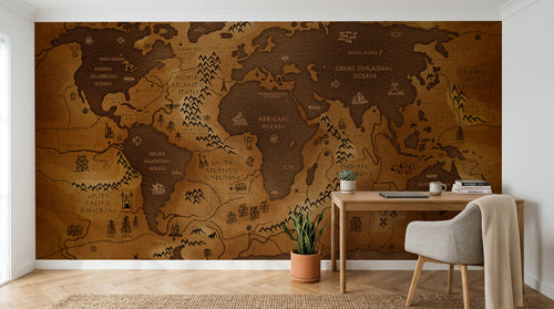 Papier peint Carte du Monde E0133 en situation — Planisphère vintage bois brun gravé — Design E0133