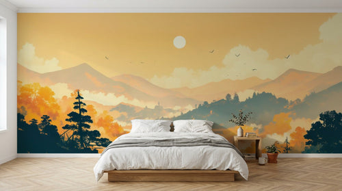 Papier peint Forêt Pins et Sapins - Collection 1 A0333 en situation — Forêt brumeuse coucher soleil orange — Design A0333