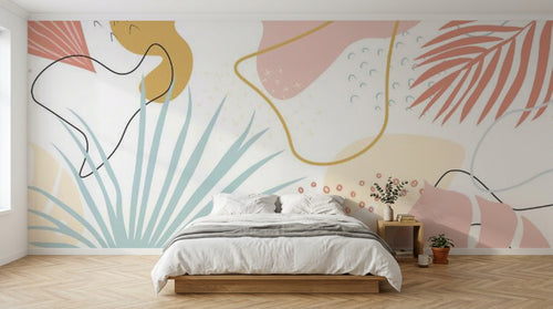 Papier peint Palmier Tropical Vert - Collection 2 D0452 en situation — Feuilles tropicales formes abstraites pastel rose vert — Design D0452