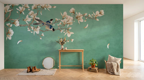 Papier peint Cerisier Blanc et Prunier D0266 en situation — Magnolia oiseaux bleus fond vert émeraude — Design D0266
