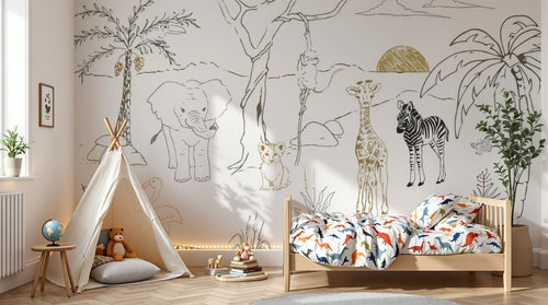 variant:C0741 | enfant_05_adventure — Safari au Coucher du Soleil Gris Perle — papier peint Novomur