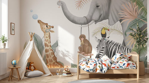 variant:D0271 | enfant_05_adventure — Safari au Coucher du Soleil Gris Perle — papier peint Novomur