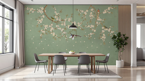 variant:SD0627 | salle_02_modern — Cerisier Zen Vert Sauge — papier peint Novomur