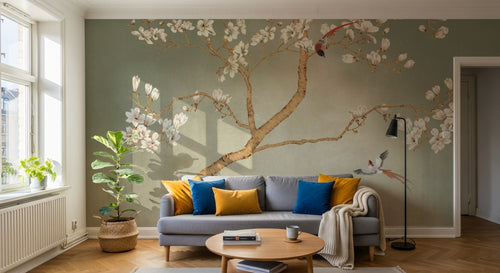 variant:SK0166 | salon_01_scandi — Cerisier Zen Vert Sauge — papier peint Novomur