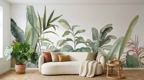 variant:A0854 | salon_03_boho — Palmes et Bananiers Gris Perle — papier peint Novomur