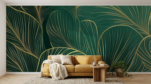 variant:A0582 | salon_04_hygge_mustard — Feuillage Tropical Creme — papier peint Novomur