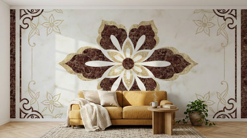 variant:AS0238 | salon_04_hygge_mustard — Prairie Fleurie Beige — papier peint Novomur