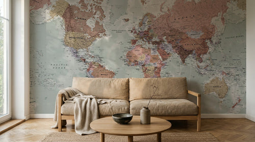 Papier peint Carte du Monde C0991 en situation — Carte monde politique réaliste vert — Design C0991