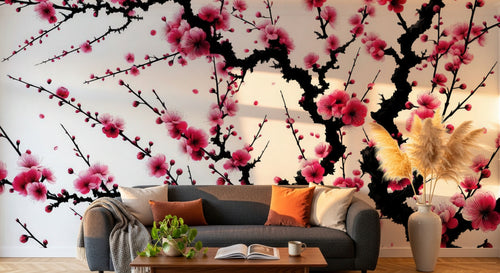 Papier peint Cerisier Gris Perle - Sur mesure - Design A0807