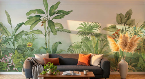 variant:E0285 | salon_06_golden_hour — Palmes et Bananiers Gris Perle — papier peint Novomur