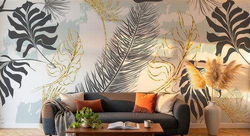 variant:SK0700 | salon_06_golden_hour — Palmiers au Clair de Lune Noir — papier peint Novomur