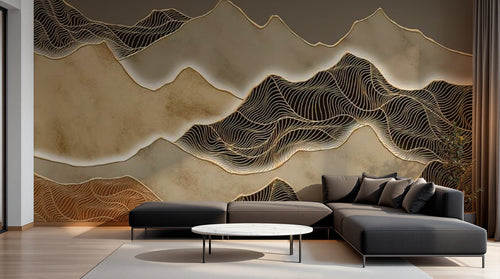 Papier peint Paysage Montagne Minimaliste - Collection 1 D0326 en situation — Montagnes line art or brun asiatique — Design D0326