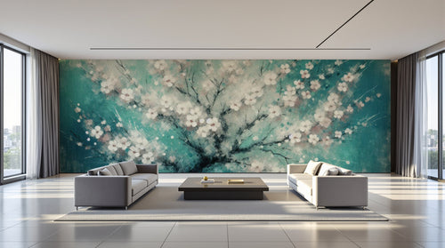 variant:A0051 | salon_09_panoramic_wide — Cerisier Zen Vert Sauge — papier peint Novomur