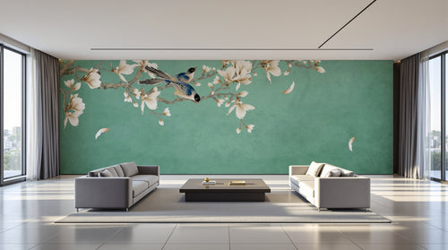 variant:D0266 | salon_09_panoramic_wide — Cerisier Zen Vert Sauge — papier peint Novomur