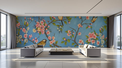 variant:SK0508 | salon_09_panoramic_wide — Cerisier Zen Vert Sauge — papier peint Novomur