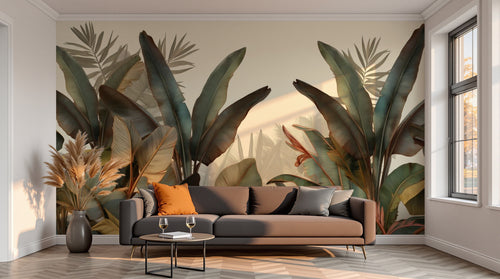 variant:A0066 | salon_13_sunset已做 — Palmes et Bananiers Gris Perle — papier peint Novomur