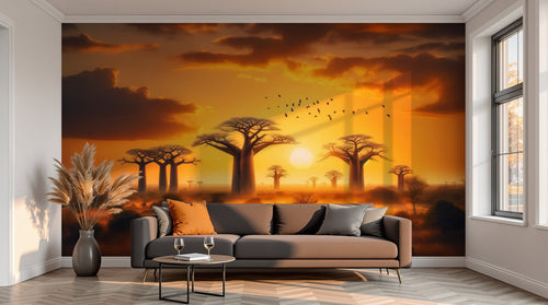 variant:A0365 | salon_13_sunset — Foret Luxuriante Brun — papier peint Novomur