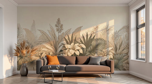 variant:F0199 | salon_13_sunset已做 — Palmes et Bananiers Gris Perle — papier peint Novomur