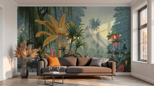 variant:F0415 | salon_13_sunset — Feuillage Tropical Creme — papier peint Novomur