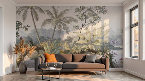 variant:SK0551 | salon_13_sunset — Palmes et Bananiers Gris Perle — papier peint Novomur