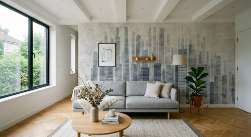 variant:SK0046 | salon_15_shelf_decor — Structure Minimaliste Taupe — papier peint Novomur