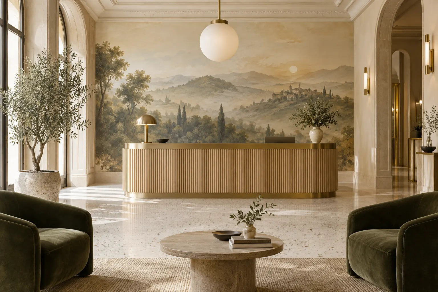 Le hall d’un hôtel, tapissé d’un panoramique de collines au lever du jour