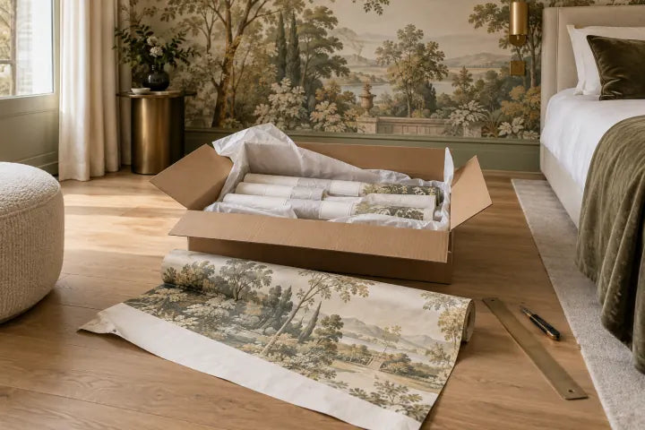 Un carton de rouleaux de papier peint ouvert dans une chambre d’hôtel, un rouleau déroulé au premier plan