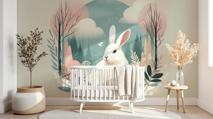 Chambre d'enfant avec papier peint panoramique animaux de la forêt, esprit scandinave