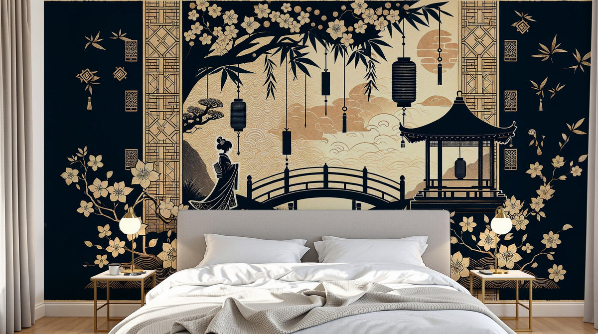 Chambre avec papier peint panoramique bambou en tête de lit, esprit japandi