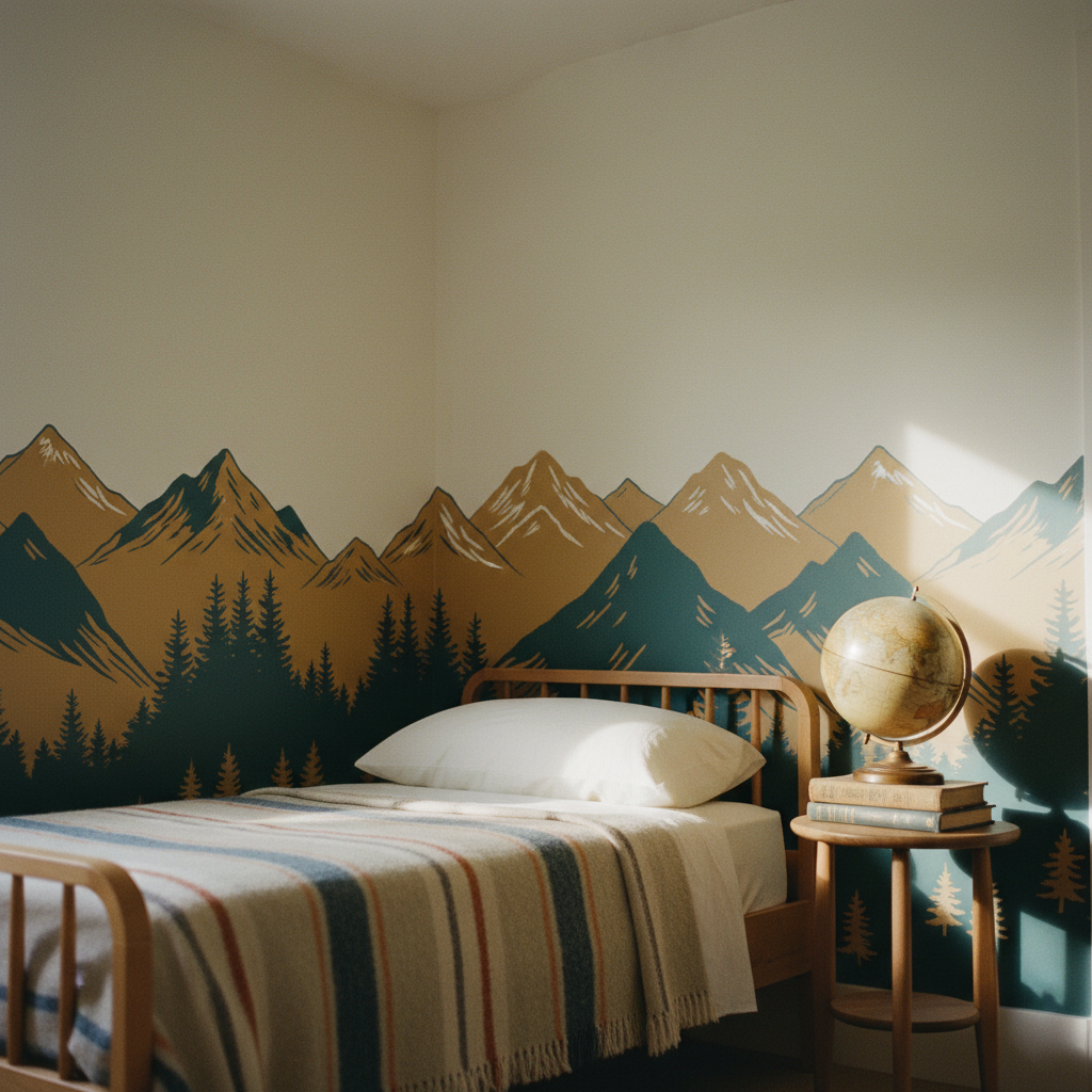 Papier peint chambre garçon motif montagnes aventure