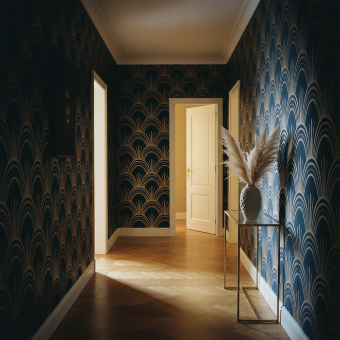 Papier peint entrée couloir art déco bleu et or