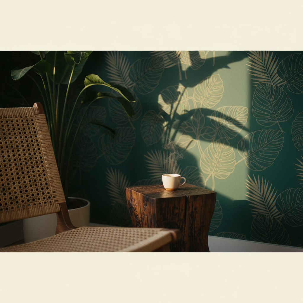 Papier peint jungle salon ambiance cocooning golden hour