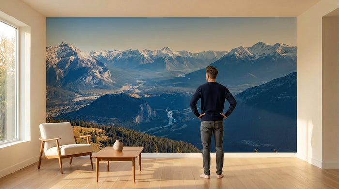 Papier peint sur mesure — visualisation paysage de montagne dans un salon