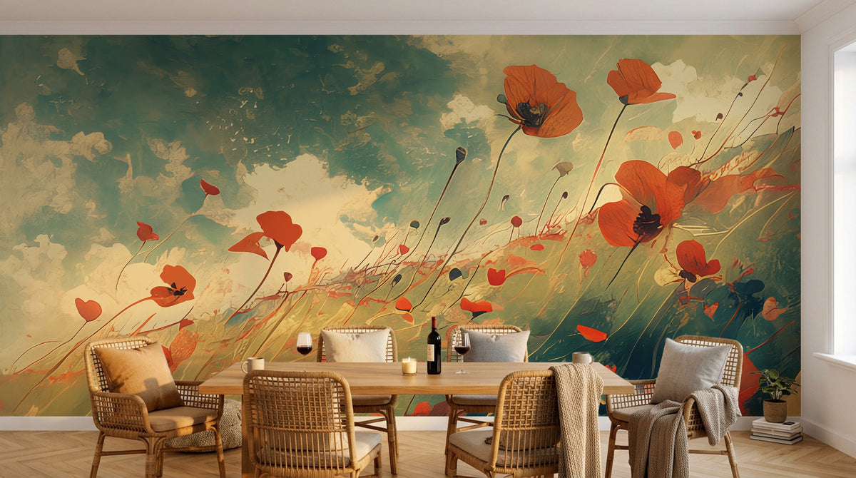 Salle à manger avec papier peint fleuri sur mesure : champ de coquelicots impressionniste derrière la table en rotin