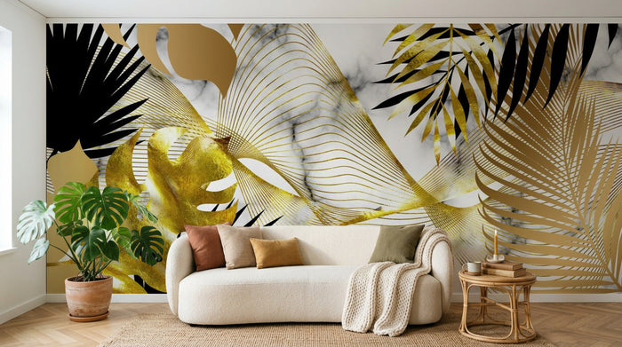 Salon avec papier peint panoramique doré : feuilles tropicales noir et or sur mesure