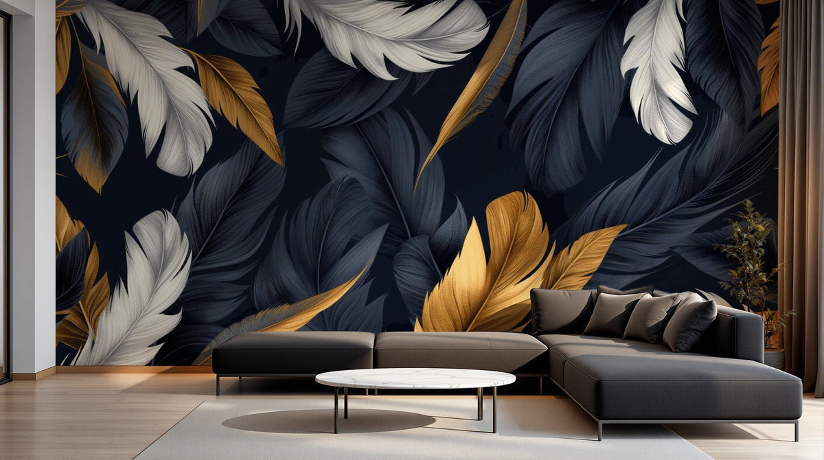 Salon avec papier peint panoramique plumes sur mesure, ambiance du soir