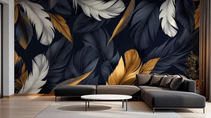 Salon avec papier peint panoramique plumes sur mesure, ambiance du soir