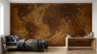 Papier peint Carte du Monde E0133 en situation — Planisphère vintage bois brun gravé — Design E0133