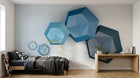 Design SL0266 — Papier peint Hexagones 3D bleu fond gris dore — Novomur