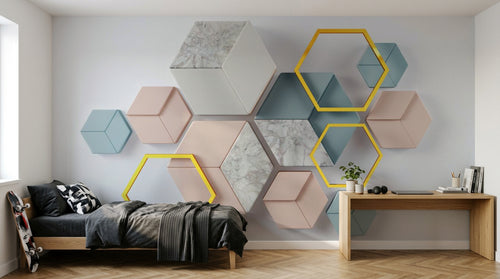 Design SL0796 — Papier peint Cubes hexagones 3D rose marbre — Novomur