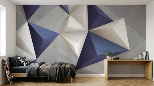 Design ZX0364 — Papier peint Pyramides 3D blanc bleu beton — Novomur