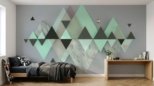 Design ZX0518 — Papier peint Triangles vert menthe marbre montagne — Novomur