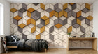 Design ZX0554 — Papier peint Hexagones jaune gris 3D mid-century — Novomur