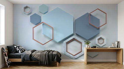 Design ZX0565 — Papier peint Hexagones bleu marbre cuivre fond blanc — Novomur