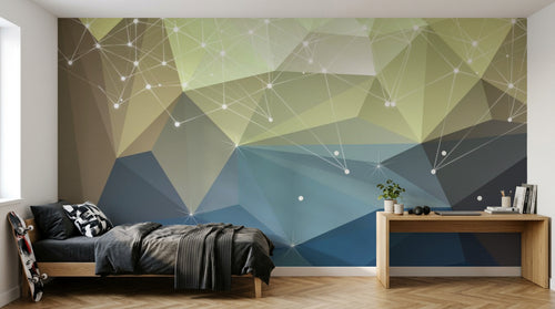 Design ZX0656 — Papier peint Polygones vert bleu constellation filante — Novomur