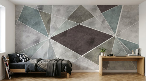 Design ZX0698 — Papier peint Triangles gris vert marron contour blanc — Novomur