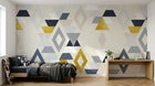 Design ZX0755 — Papier peint Triangles jaune bleu marine Memphis — Novomur